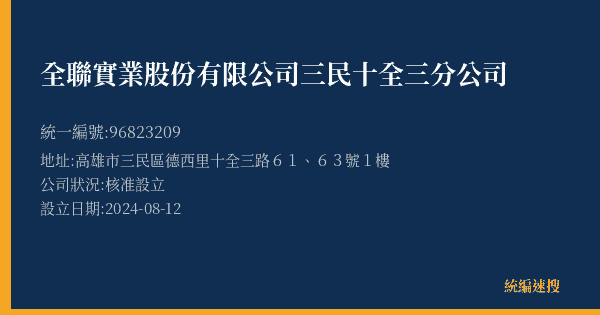 全聯實業股份有限公司三民十全三分公司的照片-統編 96823209(高雄市) 公司登記資料與營業項目詳細圖表