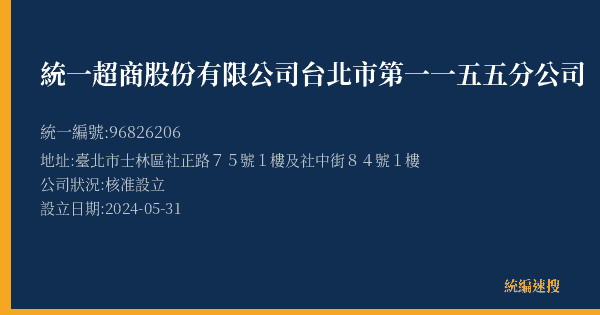 統一超商股份有限公司台北市第一一五五分公司的照片-統編 96826206(臺北市) 公司登記資料與營業項目詳細圖表
