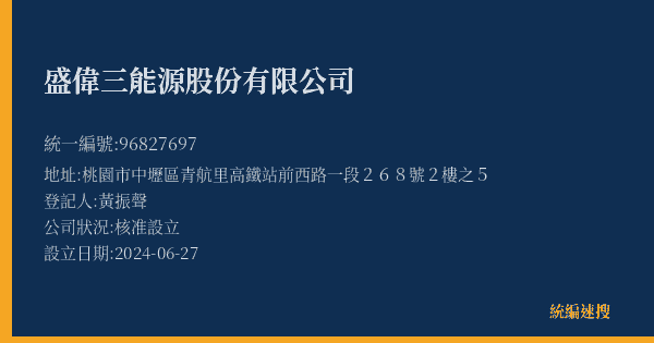 盛偉三能源股份有限公司的照片-統編 96827697(桃園市) 公司登記資料與營業項目詳細圖表
