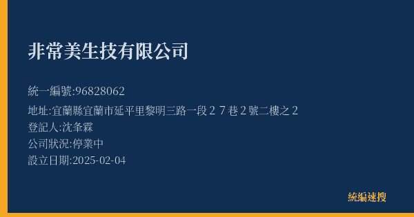 非常美生技有限公司的照片-統編 96828062(宜蘭縣) 公司登記資料與營業項目詳細圖表