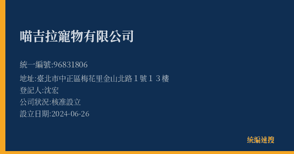 喵吉拉寵物有限公司的照片-統編 96831806(臺北市) 公司登記資料與營業項目詳細圖表