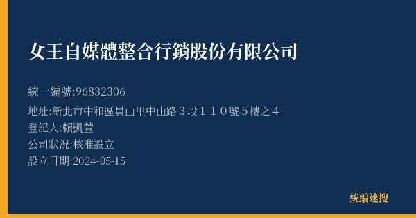 女王自媒體整合行銷股份有限公司的照片-統編 96832306(新北市) 公司登記資料與營業項目詳細圖表