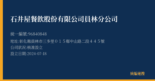 石井屋餐飲股份有限公司員林分公司的照片-統編 96840848(彰化縣) 公司登記資料與營業項目詳細圖表