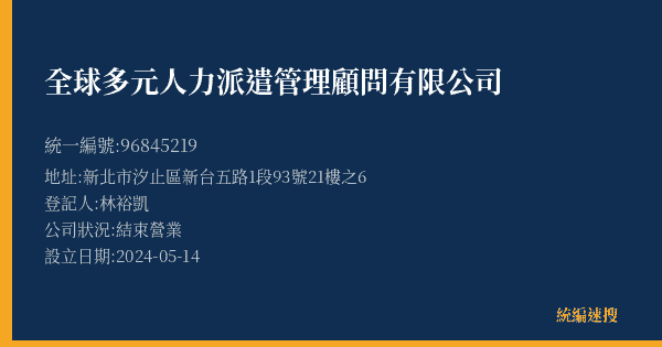 全球多元人力派遣管理顧問有限公司的照片-統編 96845219(新北市) 公司登記資料與營業項目詳細圖表