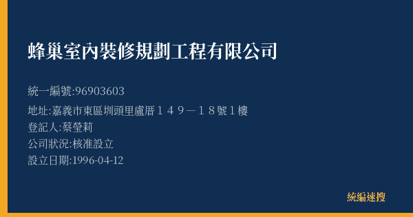 蜂巢室內裝修規劃工程有限公司的照片-統編 96903603(嘉義市) 公司登記資料與營業項目詳細圖表