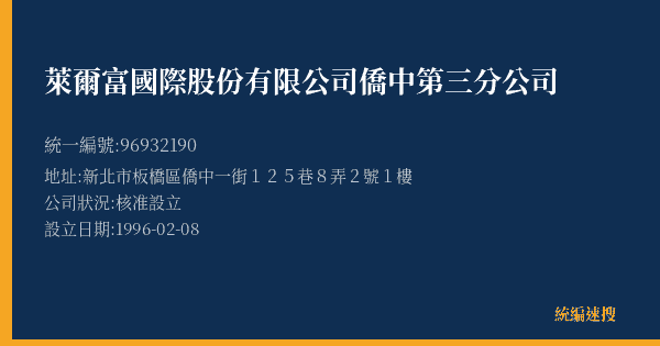 萊爾富國際股份有限公司僑中第三分公司的照片-統編 96932190(新北市) 公司登記資料與營業項目詳細圖表