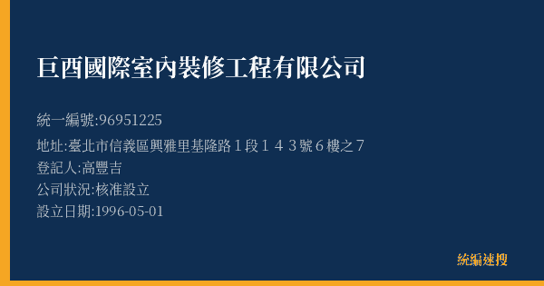 巨酉國際室內裝修工程有限公司的照片-統編 96951225(臺北市) 公司登記資料與營業項目詳細圖表