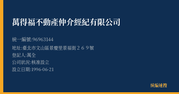 萬得福不動產仲介經紀有限公司的照片-統編 96963144(臺北市) 公司登記資料與營業項目詳細圖表