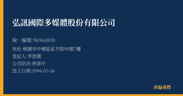 弘訊國際多媒體股份有限公司的照片-統編 96966830(桃園市) 公司登記資料與營業項目詳細圖表