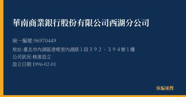 華南商業銀行股份有限公司西湖分公司的照片-統編 96970449(臺北市) 公司登記資料與營業項目詳細圖表