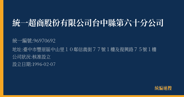 統一超商股份有限公司台中縣第六十分公司的照片-統編 96970692(臺中市) 公司登記資料與營業項目詳細圖表