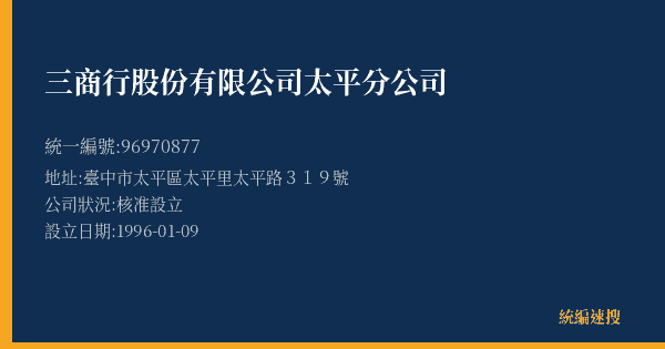 三商行股份有限公司太平分公司的照片-統編 96970877(臺中市) 公司登記資料與營業項目詳細圖表