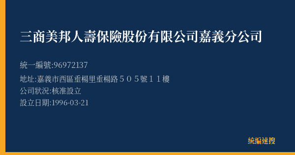 三商美邦人壽保險股份有限公司嘉義分公司的照片-統編 96972137(嘉義市) 公司登記資料與營業項目詳細圖表