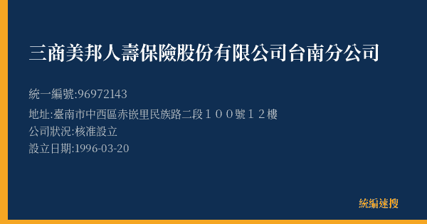 三商美邦人壽保險股份有限公司台南分公司的照片-統編 96972143(臺南市) 公司登記資料與營業項目詳細圖表
