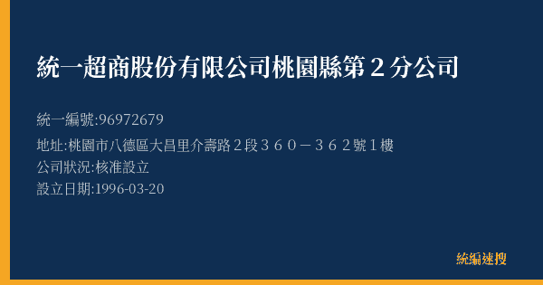 統一超商股份有限公司桃園縣第2分公司的照片-統編 96972679(桃園市) 公司登記資料與營業項目詳細圖表