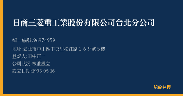 日商三菱重工業股份有限公司台北分公司的照片-統編 96974959(臺北市) 公司登記資料與營業項目詳細圖表
