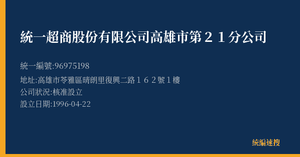 統一超商股份有限公司高雄市第21分公司的照片-統編 96975198(高雄市) 公司登記資料與營業項目詳細圖表