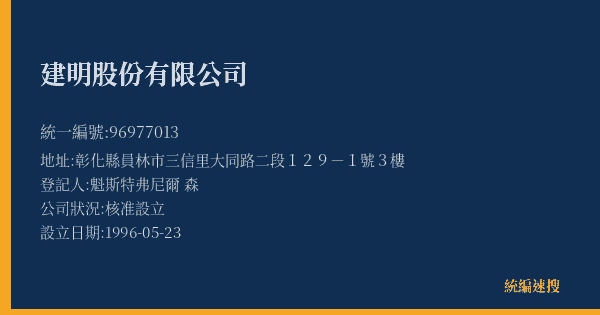 建明股份有限公司的照片-統編 96977013(彰化縣) 公司登記資料與營業項目詳細圖表