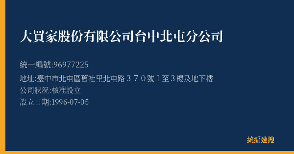 大買家股份有限公司台中北屯分公司的照片-統編 96977225(臺中市) 公司登記資料與營業項目詳細圖表