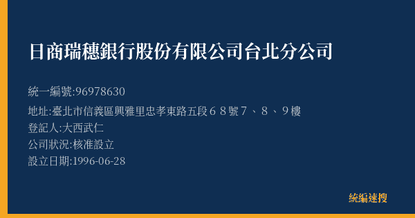 日商瑞穗銀行股份有限公司台北分公司的照片-統編 96978630(臺北市) 公司登記資料與營業項目詳細圖表