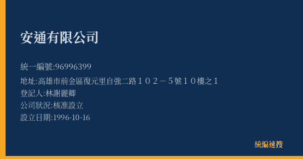 安通有限公司的照片-統編 96996399(高雄市) 公司登記資料與營業項目詳細圖表