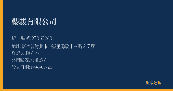 櫻駿有限公司的照片-統編 97063260(新竹縣) 公司登記資料與營業項目詳細圖表