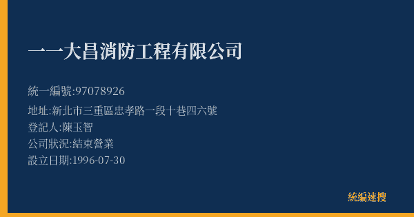 一一大昌消防工程有限公司的照片-統編 97078926(新北市) 公司登記資料與營業項目詳細圖表