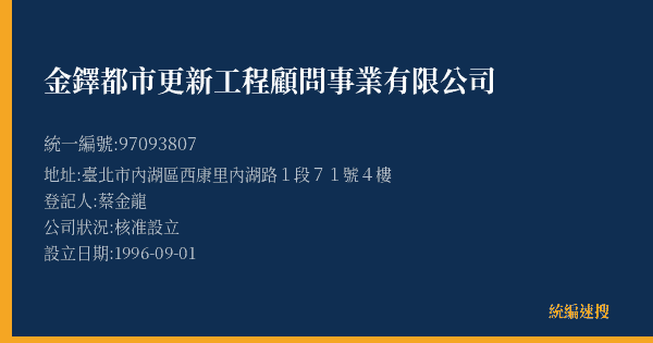 金鐸都市更新工程顧問事業有限公司的照片-統編 97093807(臺北市) 公司登記資料與營業項目詳細圖表