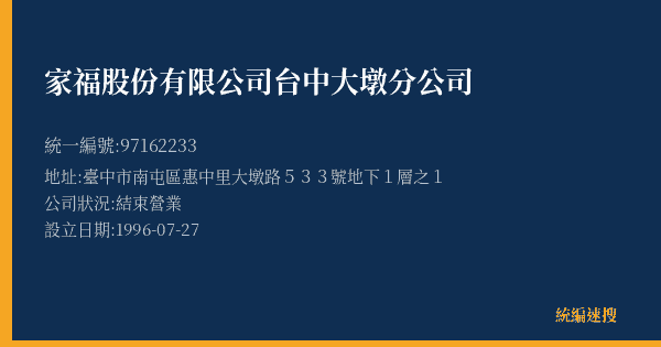 家福股份有限公司台中大墩分公司的照片-統編 97162233(臺中市) 公司登記資料與營業項目詳細圖表
