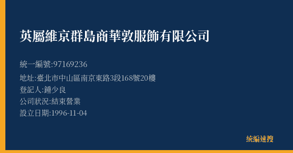 英屬維京群島商華敦服飾有限公司的照片-統編 97169236(臺北市) 公司登記資料與營業項目詳細圖表