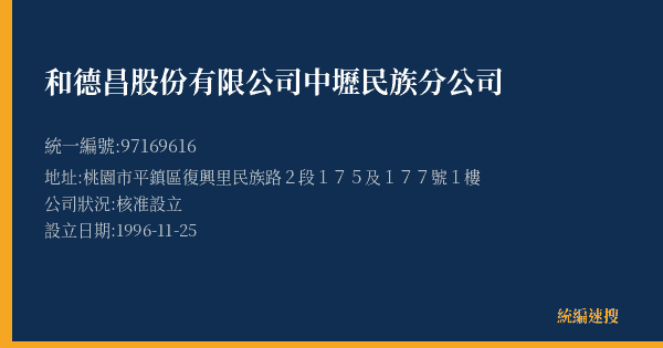 和德昌股份有限公司中壢民族分公司的照片-統編 97169616(桃園市) 公司登記資料與營業項目詳細圖表