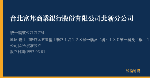 台北富邦商業銀行股份有限公司北新分公司的照片-統編 97171774(新北市) 公司登記資料與營業項目詳細圖表