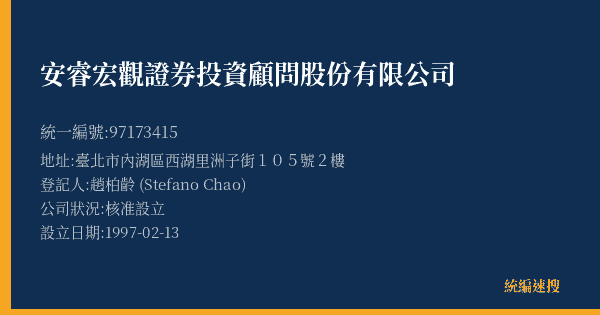 安睿宏觀證券投資顧問股份有限公司的照片-統編 97173415(臺北市) 公司登記資料與營業項目詳細圖表