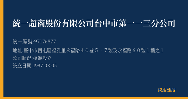 統一超商股份有限公司台中市第一一三分公司的照片-統編 97176877(臺中市) 公司登記資料與營業項目詳細圖表