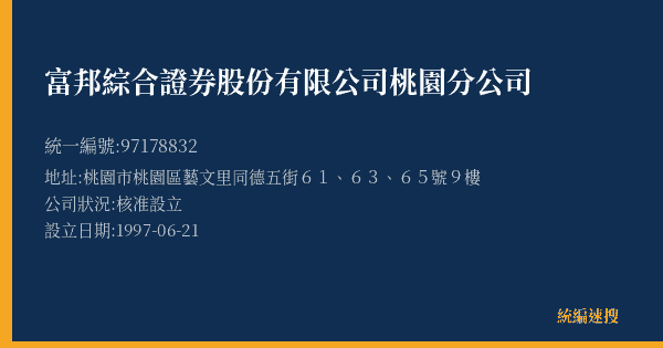 富邦綜合證券股份有限公司桃園分公司的照片-統編 97178832(桃園市) 公司登記資料與營業項目詳細圖表