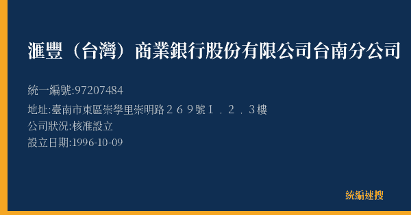 滙豐(台灣)商業銀行股份有限公司台南分公司的照片-統編 97207484(臺南市) 公司登記資料與營業項目詳細圖表
