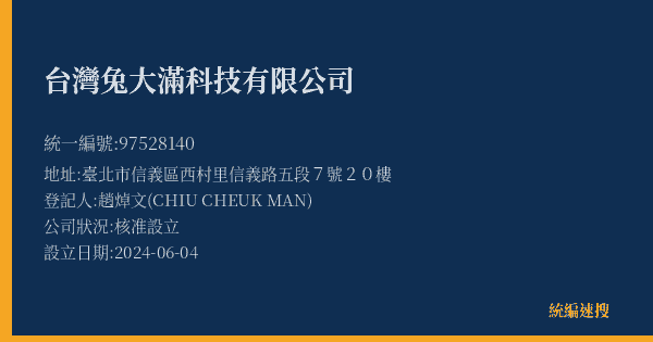 台灣兔大滿科技有限公司的照片-統編 97528140(臺北市) 公司登記資料與營業項目詳細圖表