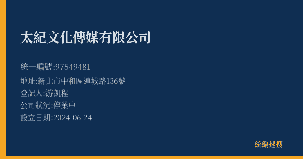 太紀文化傳媒有限公司的照片-統編 97549481(新北市) 公司登記資料與營業項目詳細圖表