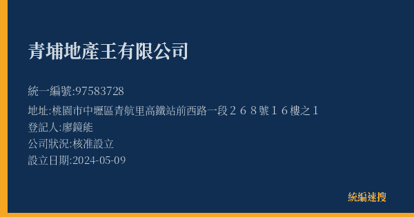 青埔地產王有限公司的照片-統編 97583728(桃園市) 公司登記資料與營業項目詳細圖表