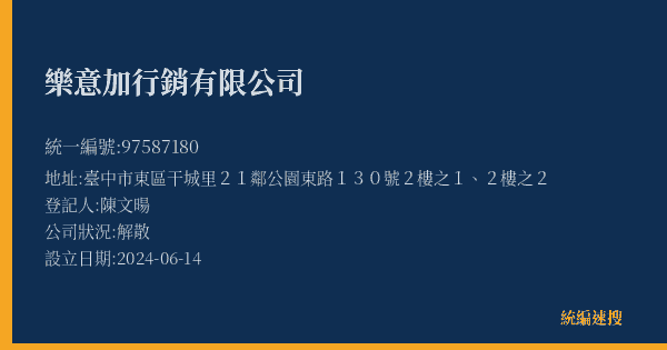 樂意加行銷有限公司的照片-統編 97587180(臺中市) 公司登記資料與營業項目詳細圖表