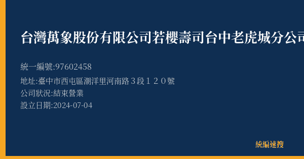 台灣萬象股份有限公司若櫻壽司台中老虎城分公司的照片-統編 97602458(臺中市) 公司登記資料與營業項目詳細圖表