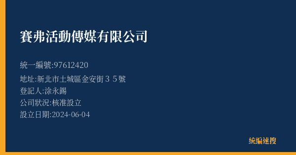 賽弗活動傳媒有限公司的照片-統編 97612420(新北市) 公司登記資料與營業項目詳細圖表