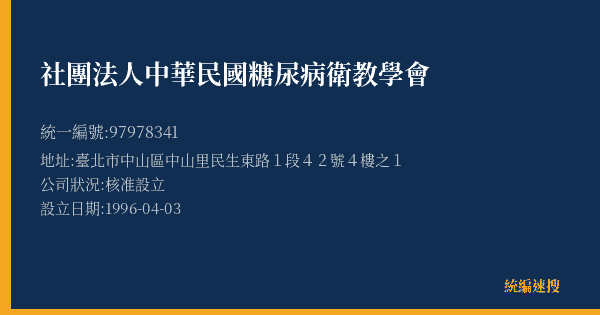 社團法人中華民國糖尿病衛教學會的照片-統編 97978341(臺北市) 公司登記資料與營業項目詳細圖表