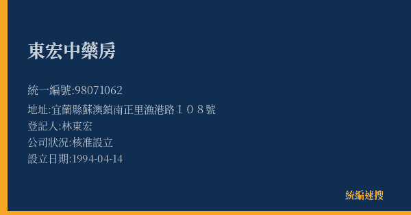 東宏中藥房的照片-統編 98071062(宜蘭縣) 公司登記資料與營業項目詳細圖表