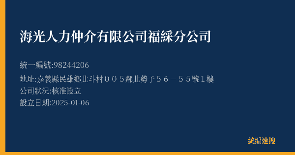 海光人力仲介有限公司福綵分公司的照片-統編 98244206(嘉義縣) 公司登記資料與營業項目詳細圖表