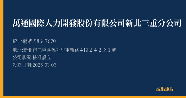 萬通國際人力開發股份有限公司新北三重分公司的照片-統編 98647670(新北市) 公司登記資料與營業項目詳細圖表