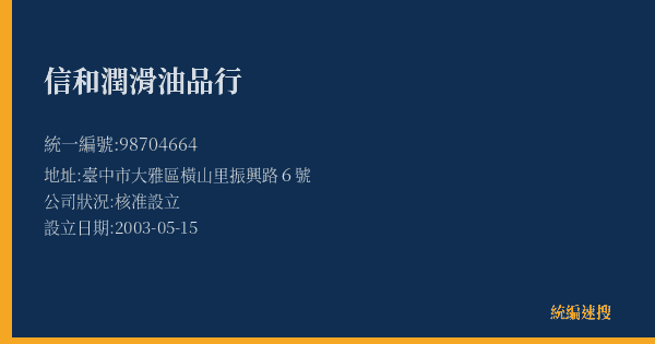 信和潤滑油品行的照片-統編 98704664(臺中市) 公司登記資料與營業項目詳細圖表