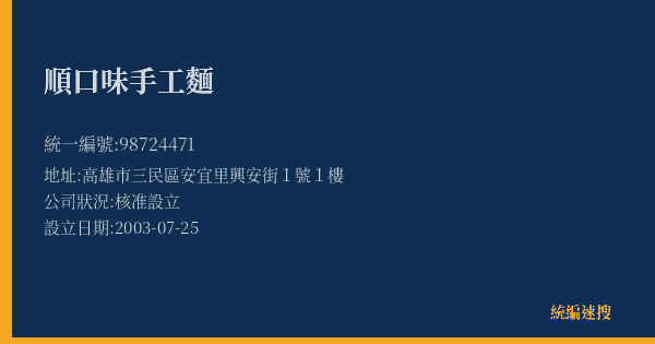順口味手工麵的照片-統編 98724471(高雄市) 公司登記資料與營業項目詳細圖表