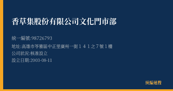 香草集股份有限公司文化門市部的照片-統編 98726793(高雄市) 公司登記資料與營業項目詳細圖表