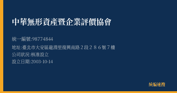 中華無形資產暨企業評價協會的照片-統編 98774844(臺北市) 公司登記資料與營業項目詳細圖表